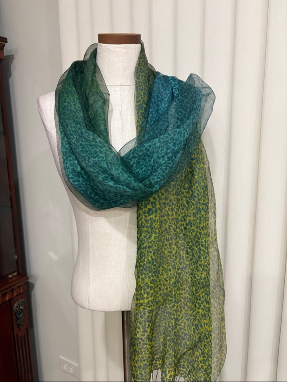 Coldwater Creek leopard Teal ombre to lime yellow Fringe Scarf SILK overlay